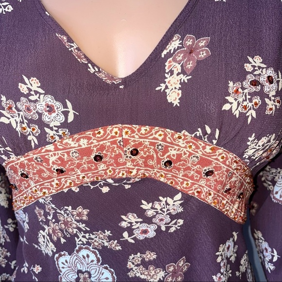 Quizz Bazaar top flowy floral boho burgundy top SZ L lace detailing blouse - Picture 6 of 11